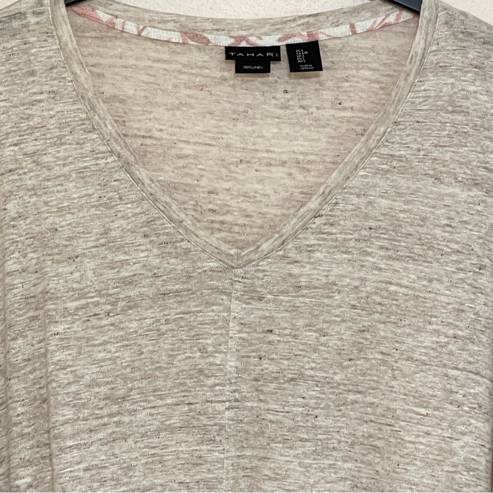 Tahari Women's Size Large L Cream Linen Cropped Slub T Shirt Oatmeal Beige - Picture 3 of 6